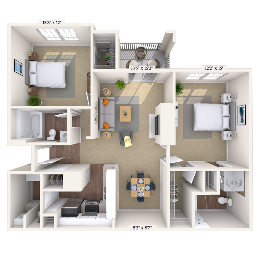 Floor plan for 2 beds, 2 baths, 1142 sqft